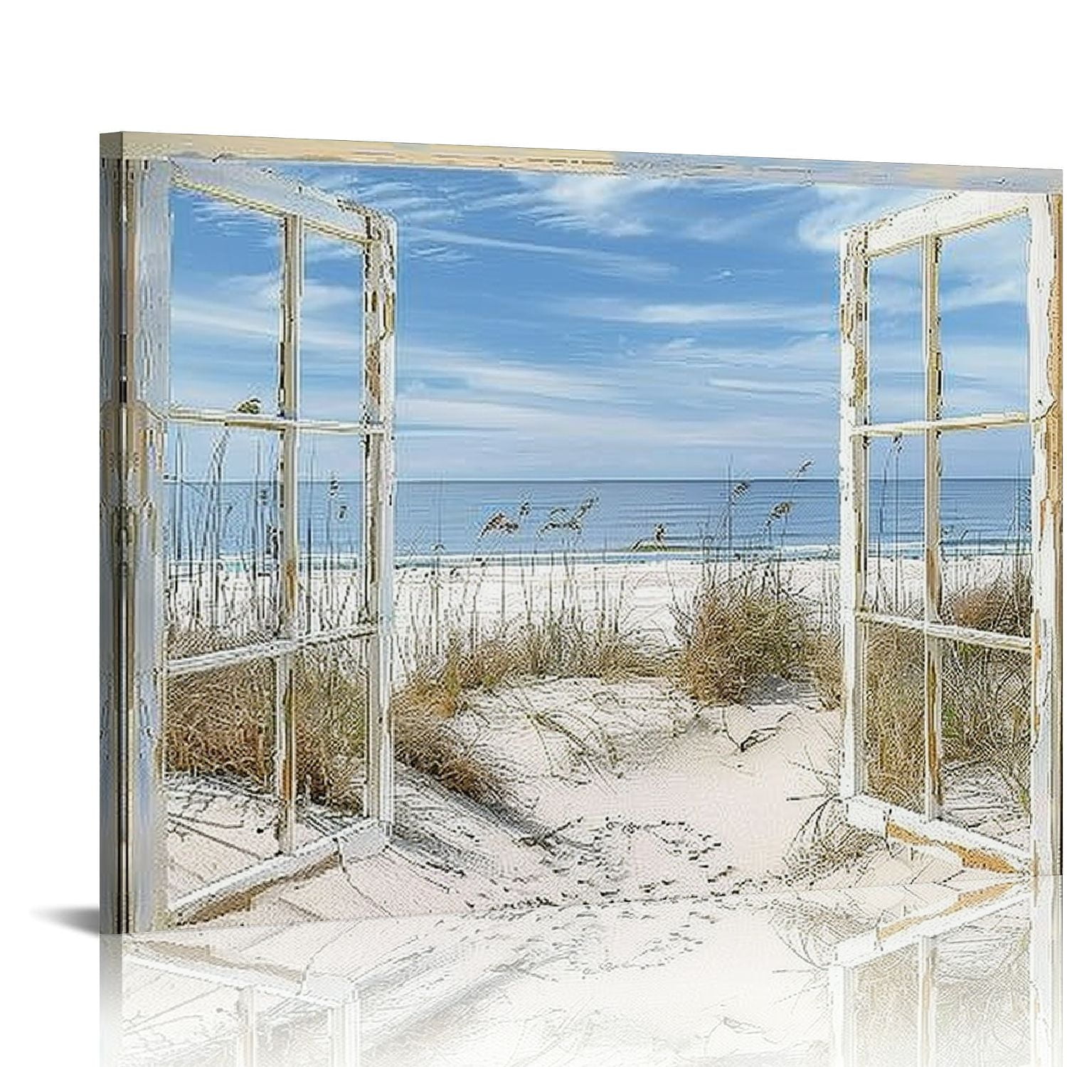 Orinice Beach Canvas Wall Art Decor: Modern Window View Blue Ocean