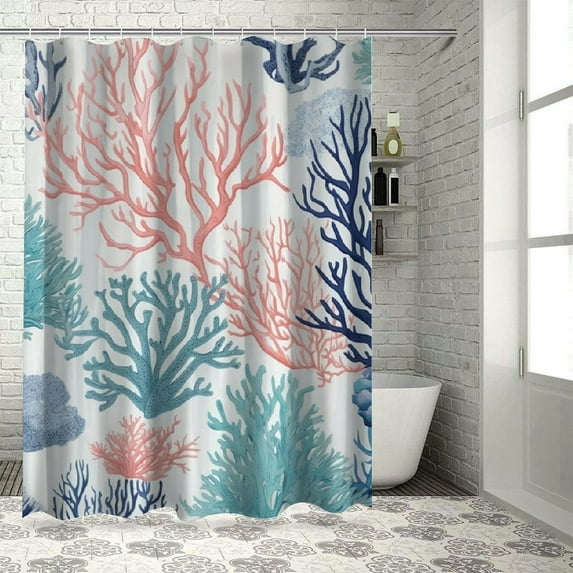 Orinice Beach Shower Curtain for Bathroom Nautical Coastal Shower Curtain Coral Bath Curtain Ocean Waterproof Fabric Shower Curtains for Bathroom with 12 White Plastic Hooks, 60x72