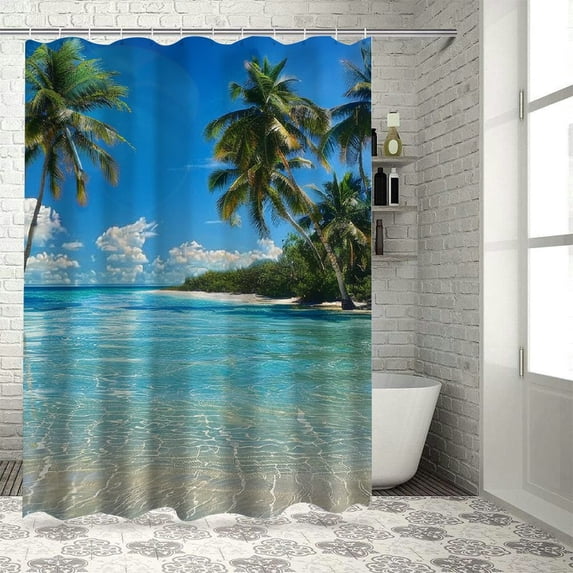 Orinice Beach Shower Curtain Blue Ocean Fabric Bathroom Curtain Set Nature Tropical Palm Tree Polyester Bath Curtains with Hooks Washable Waterproof 60x72