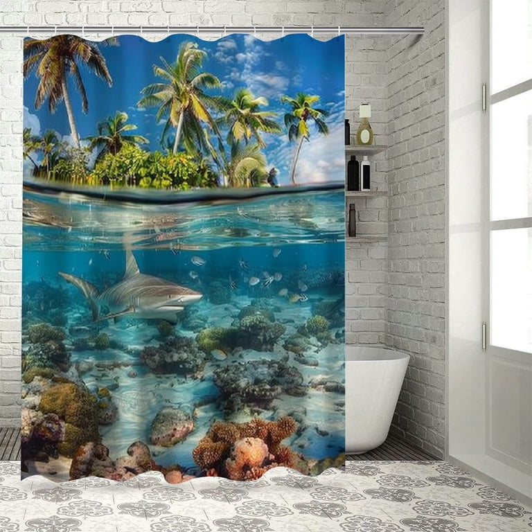 Orinice Beach Shower Curtain Ocean Tropical Palm Tree Transparent