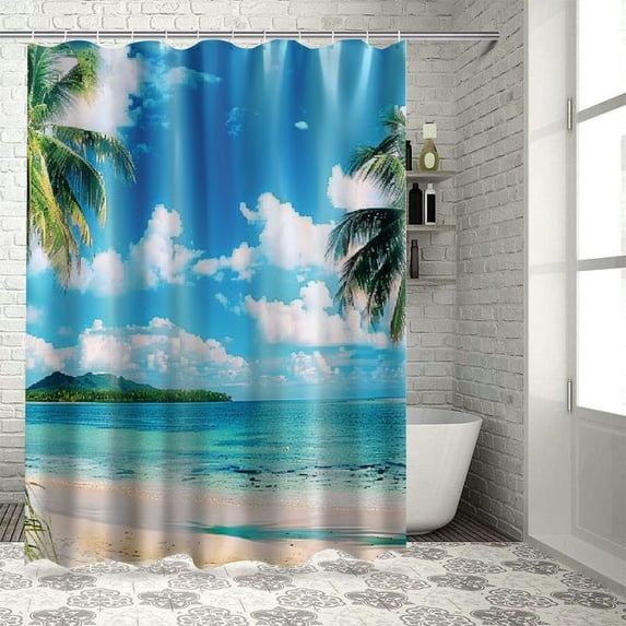 Orinice Beach Shower Curtain, Summer Tropical Ocean Palm Trees Sea Island Blue Sky White Cloud Sceneryolyester Fabric Bathroom Decor Set with 12 Hooks 69x72