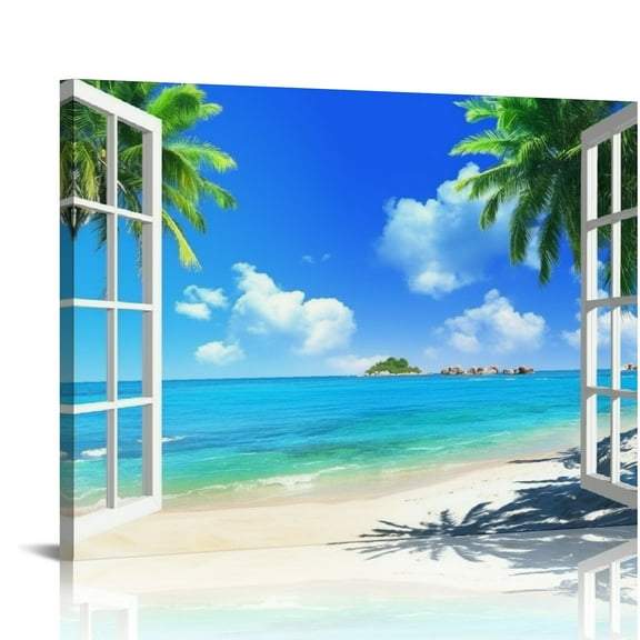 Orinice Beach Wall Art Window Picture Frame Beach Scene Wall Art Bedroom Wall Art Blue Sea Wall Art Living Room Wall Art Beach Canvas Wall Art Frame Wall Art Canvas Wall 20x16in
