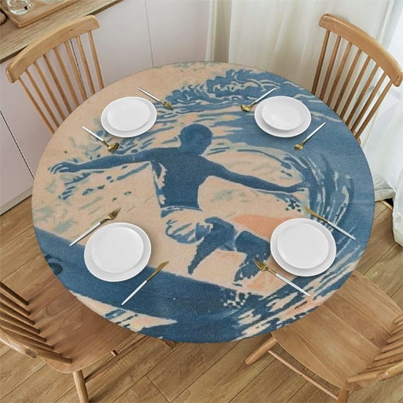 Orinice Beachy Vibes Round Table Cover Stain Resistant Washable Indoor Outdoor Tablecloth Kitchen Dining Wedding Parties Elastic Edge 100% Polyester Fiber 46-50