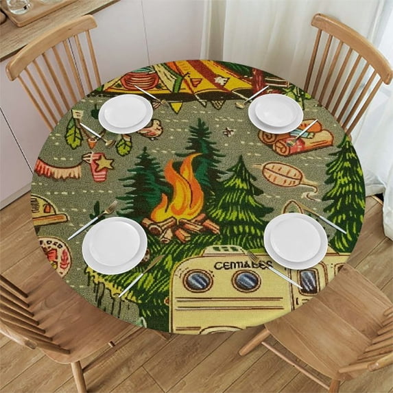 Orinice Bear Camper Tent Round Table Cover Stain Resistant Washable Indoor Outdoor Tablecloth Kitchen Dining Wedding Parties Picnic Farmhouse 100% Polyester Fiber 38-42