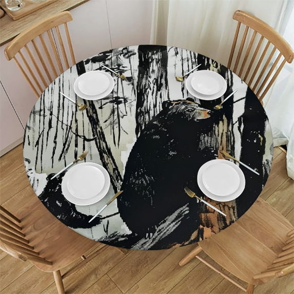 Orinice Bear Dog Woods Round Table Cover Stain Resistant Washable Indoor Outdoor Tablecloth Kitchen Dining Wedding Parties Picnic Farmhouse 100% Polyester Fiber 31-35