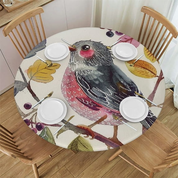 Orinice Bird Berries Leaves Round Table Cover Stain Resistant Washable Indoor Outdoor Tablecloth Kitchen Dining Wedding Parties Picnic Farmhouse 100% Polyester Fiber 38-42