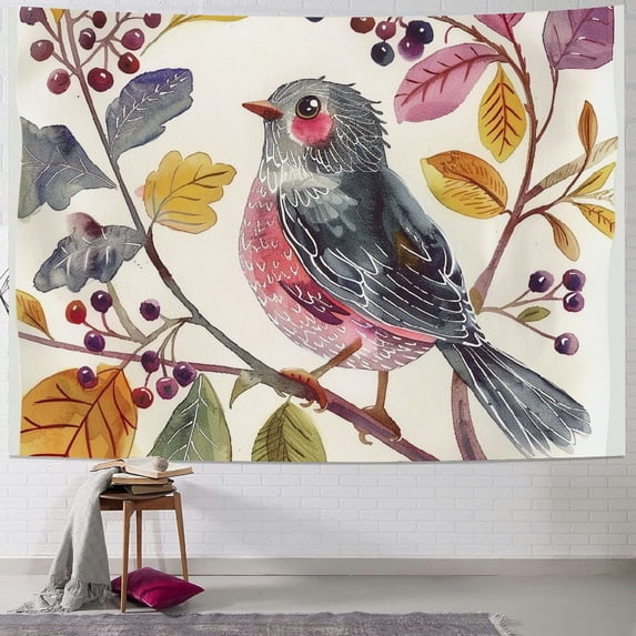 Orinice Bird Berries Leaves Tapestry Wall Hanging Unique Style Graphic Tapestries Home Wall Decor Art for Living Room Bedroom Apartment Farmhouse Dorm 60x50inch