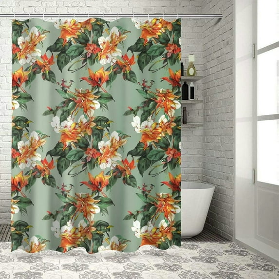 Orinice Bird Print Shower Curtain, Parrots Flowers and Leaves in Watercolor Effect Botany Scene Summer Paradise, Cloth Fabric Bathroom Decor Set with Hooks, 105" Extra Wide, Multicolor 36x72