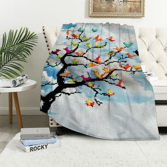 Orinice Birds Clouds Tree Warm Lightweight Blanket Soft Fleece Throw Blanket for All Seasons - Exquisite Gifts for Living Rooms Sofa Decor Cow Gifts Blanket 40x50in