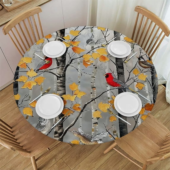 Orinice Birds Tree Leaves Round Table Cover Stain Resistant Washable Indoor Outdoor Tablecloth Kitchen Dining Wedding Parties Waterproof Fabric 100% Polyester 31-35
