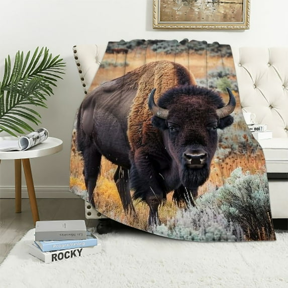 Orinice Bison Field Wildlife Soft Fleece Blanket Lightweight Throw Blanket for All Seasons, Living Rooms Sofa Decor Cow Gifts Blanket 40x50in