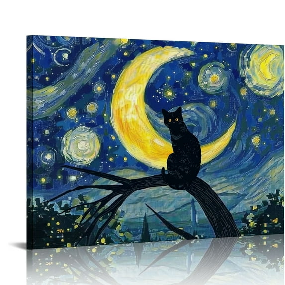 Orinice Black Cat Painting Van Gogh Vintage Famous ArtStarry Night With Cat Funny Canvas Wall Art Print Paintings Large Cats Theme Print Unframed 20x16in