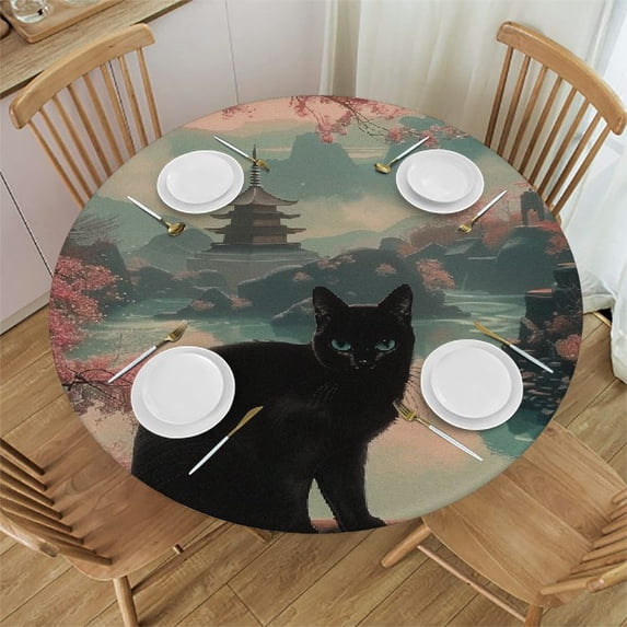 Orinice Black Cat Pink Blossom Tree Pagoda Round Table Cover Stain Resistant Washable Indoor Outdoor Tablecloth Kitchen Dining Wedding Parties Picnic Camping 100% Polyester Fiber 54-58