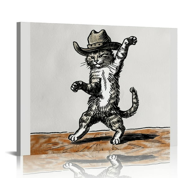 Orinice  Black and White Cat Cowboy Wall Art, Vintage Western Cat Picture, Cute Funny Animal Cat Canvas  Funky Cat with Cowboy Hat and Boots Print, Western Cowboy Cat Painting  20x16in
