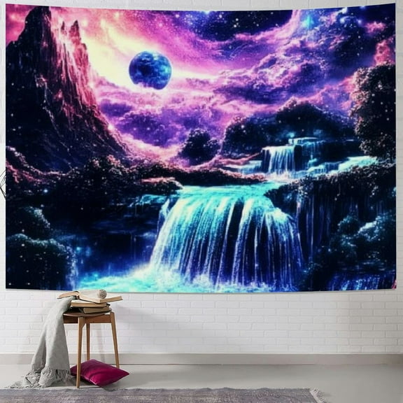 Orinice Blacklight Galaxy Tapestry Trippy Planet Tapestry UV Reactive Waterfall Landscape Tapestry Fantasy Mountain Wave Wall Tapestry Mysterious Neon Plants Wall Hanging for Room 40x30inch