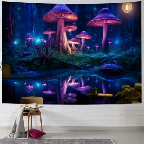 Orinice Blacklight Mushroom Tapestry, UV Reactive Glow in the Dark Tapestry Wall Hanging Bedroom Aesthetics, Black Light Posters Fantasy Forest Tapestry for Living Room Dorm Decor 40x30inch