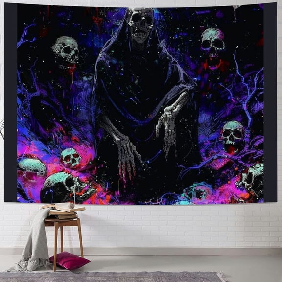 Orinice Blacklight Skeleton Tapestry Sun Moon Tapestry Gothic Wizard Skeleton Tapestry Colorful Witch Tapestry Hippie Vertical Tree Tapestry Bedroom 50x40inch