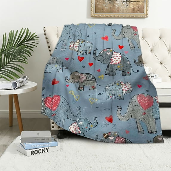 Orinice Blue Cute Elephants Sherpa Fleece Throw Blanket for Couch Bed, Soft Cozy Animal Print Flannel Blanket Warm Lightweight Fuzzy Plush Blanket Gifts for Kids Adults 50x60in