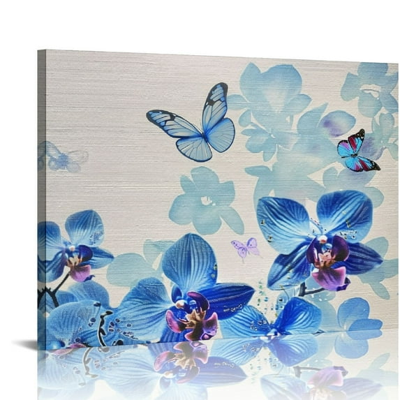 Orinice Blue Flowers Butterflies Fine Art Aesthetic Poster & Print Wall Painting for Classroom Kitchen Office Farmhouse Bathroom Room Decor Pictures Wall Art Painting Ready to Hang Canvas Living
