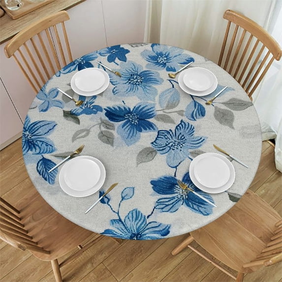 Orinice Blue Flowers Lace Vintage Round Table Cover Stain Resistant Washable Indoor Outdoor Tablecloth Kitchen Dining Wedding Parties 100% Polyester Fiber 54-58