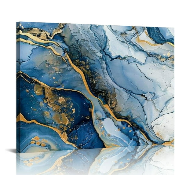 Orinice Blue Gold Marble Abstract Canvas Wall Art Blue White and Gold Canvas Painting Blue Abstract Art Poster Prints for Living Room Decor Modern Marble Wall Art Marble Canvas Painting 16x12in