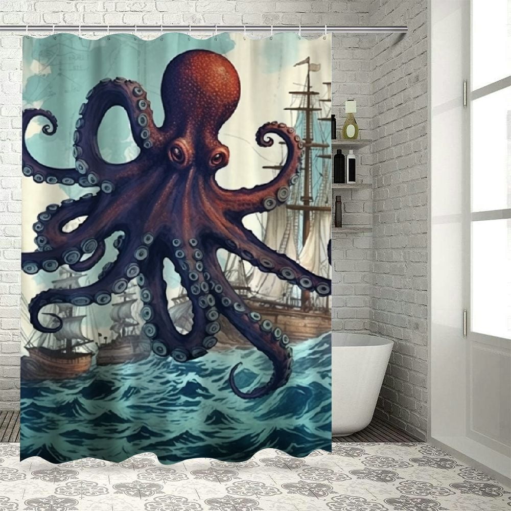 Orinice Blue Nautical Octopus Shower Curtain Set, Funny Ocean Kraken