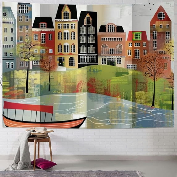 Orinice Boat City Trees Tapestry Wall Hanging Unique Style Graphic Tapestries Home Wall Decor Art for Living Room Bedroom Apartment Farmhouse Dorm 40x60inch