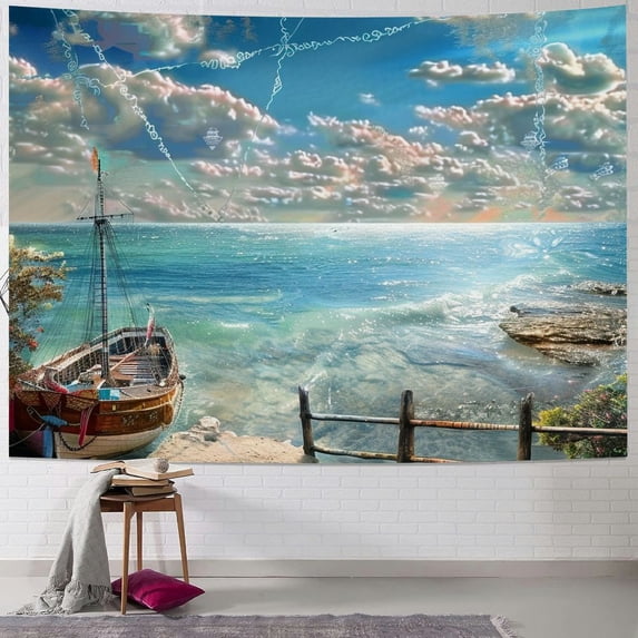 Orinice Boat Water Beach Tapestry Wall Hanging Unique Style Graphic Tapestries Home Wall Decor Art Living Room Bedroom Apartment Farmhouse Dorm 40x60inch