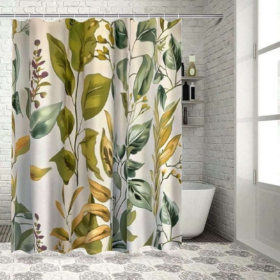 Orinice Botanical Shower Curtain, Green Leaves Plants Floral Tree Bathroom Curtain, Spring Fall Yellow Leaves Natural Shower Curtain Set with 12 Hooks for Bathroom, 36x72