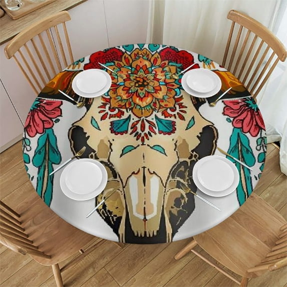 Orinice Bull Skull Colorful Flowers Round Table Cover Stain Resistant Washable Indoor Outdoor Tablecloth Kitchen Dining Wedding Parties 100% Polyester Fiber 42-46