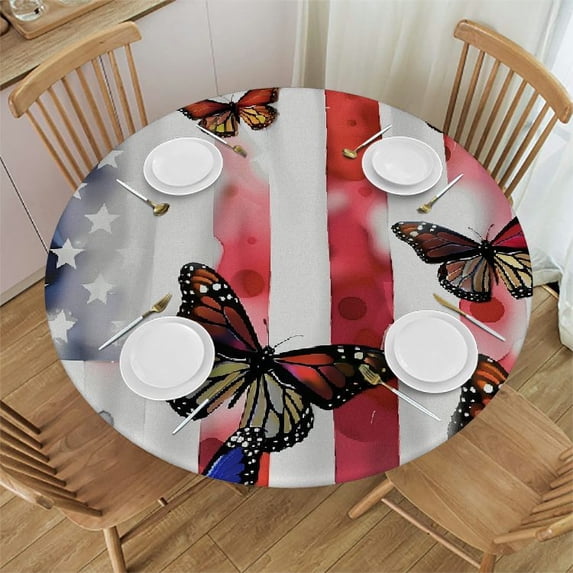 Orinice Butterflies American Flags Digital Art Round Table Cover Stain Resistant Washable Indoor Outdoor Tablecloth Kitchen Dining Wedding Parties Picnic Farmhouse 100% Polyester Fiber 54-58