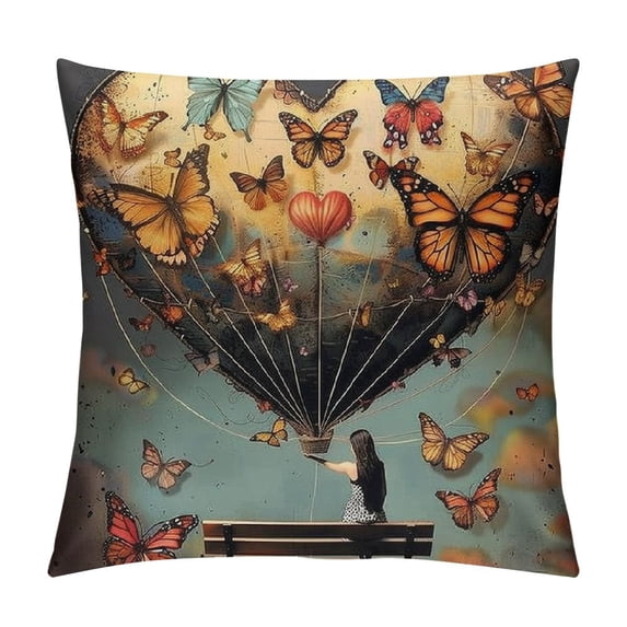 Orinice Butterflies Heart-Shaped Balloon Graphic Decorative Pillow Cover for Home Living Room Bedroom 18x18in