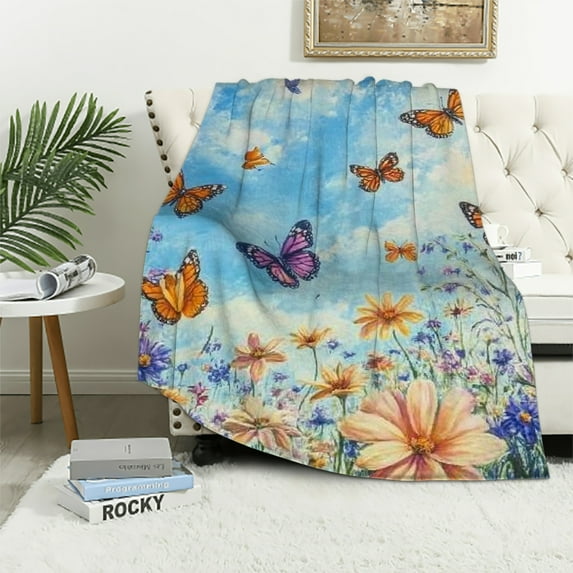Orinice Butterfly and Colorful Flower Blanket, Soft Warm Cozy Flannel Throw - Plush Lightweight Blankets for Travel, Decor, Bedroom, Office - Ideal Gifts for Adults Kids Women Men 50x60in
