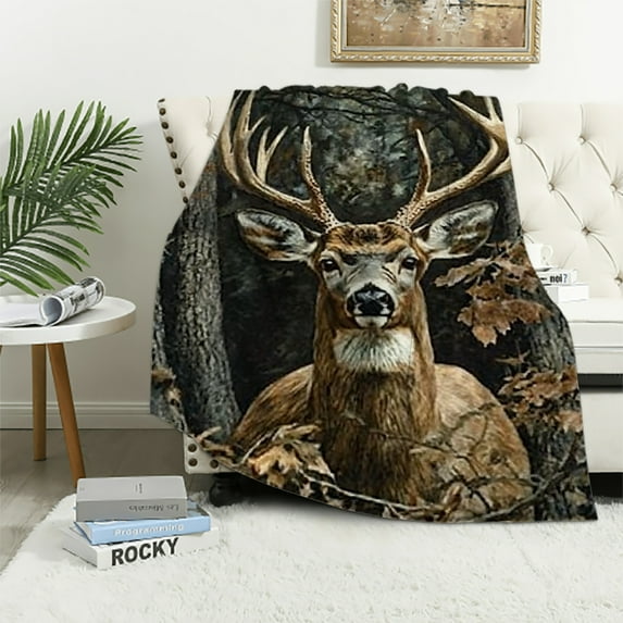 Orinice Camo Buck Deer Blanket Deer Blanket for Bed, Sofa, or Couch - Soft Plush Throw Blankets for Men, Women, and Kids - Cozy Throw and Blanket for Bedroom Decor 60x80in