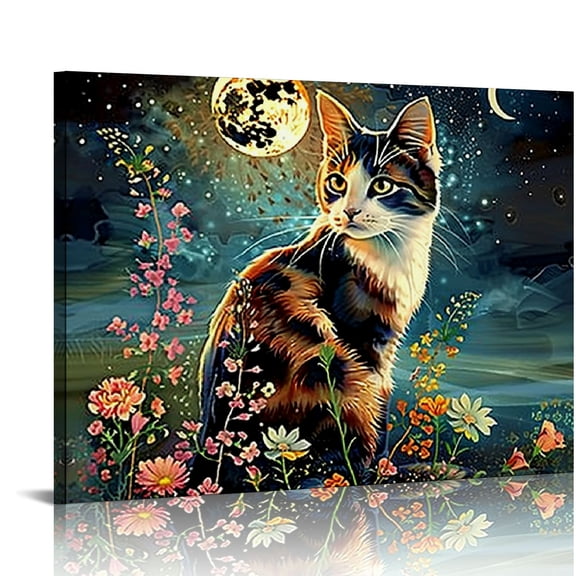 Orinice Canvas Print Wall Art Night With A Cat Unframed Canvas Oil Painting Picture Print - For Wall Decor Holiday Decor Entryway Decor Living Room Decor Decor 20''X16'' 16x12in