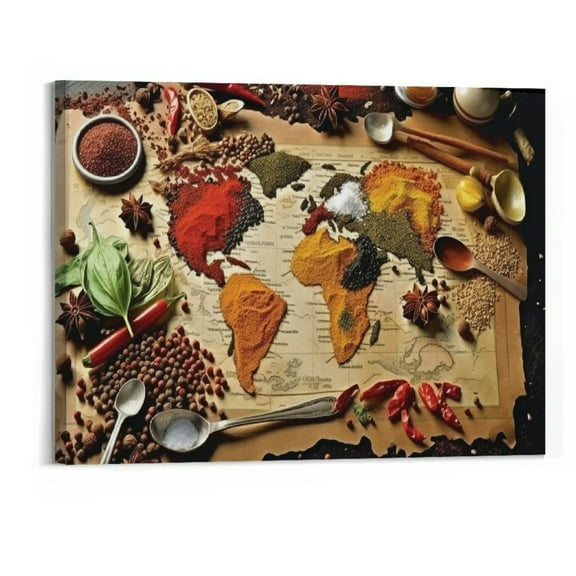 Orinice Canvas Wall Art World Map Made up of Spices Kitchen Artwork Modern Kitchen Decor Gallery Canvas Wraps Giclee Print Stretched and Framed Ready to Hang 20x16inch 20x16in