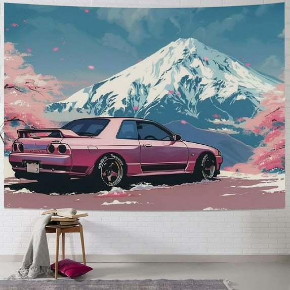 Orinice Car Tapestry Wall Hanging Decor, Wall Art for Bedroom Living Room Dorm Japan Jdm Car R34 Pink Cherry Blossoms Tree Tapestries Mount Fuji 60x50inch