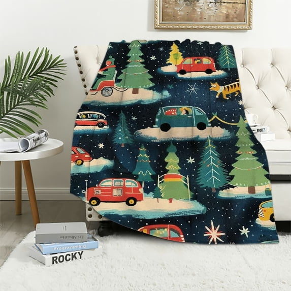 Orinice Cars Trucks Trees Dog Sleigh Warm Lightweight Blanket Soft Fleece Throw Blanket Living Rooms Sofa Decor Cow Gifts All Seasons Flannel Material Blanket 60x80in