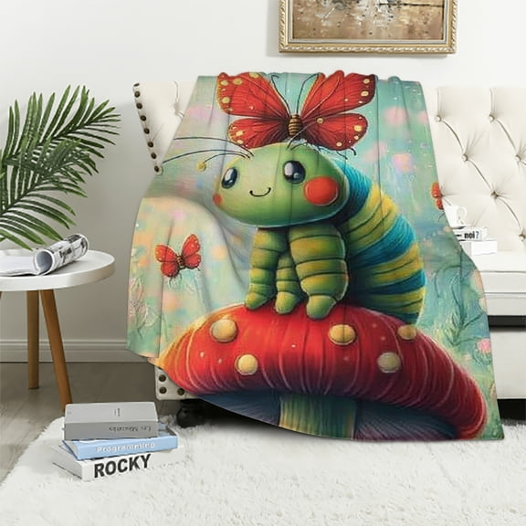 Orinice Cartoon Insect Queen Throw Blanket Red Mushroom Print Cute Blanket,Cute Animls Wildlife Sherpa Blanket Green Natural Theme Blanket for Kids Boys Girls Bed Couch 60x80in