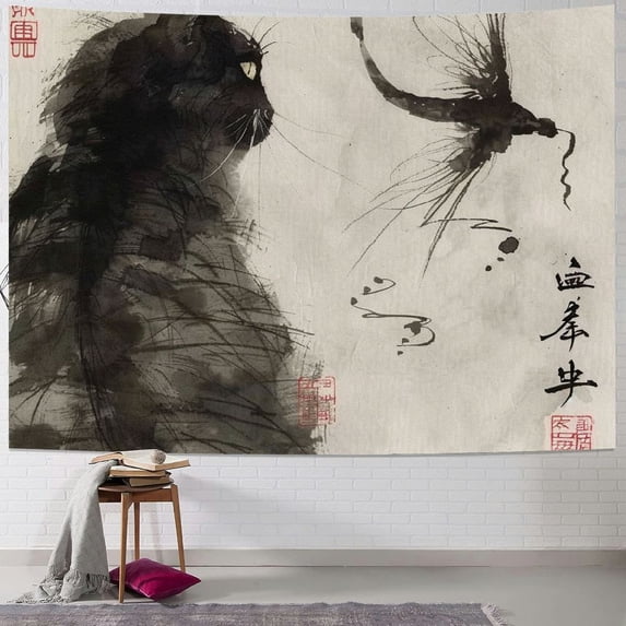 Orinice Cat Dragon Chinese Writing Tapestry Wall Hanging Unique Style for Home Decor, Living Room, Bedroom - Aesthetic Graphic Art Piece 40x30inch