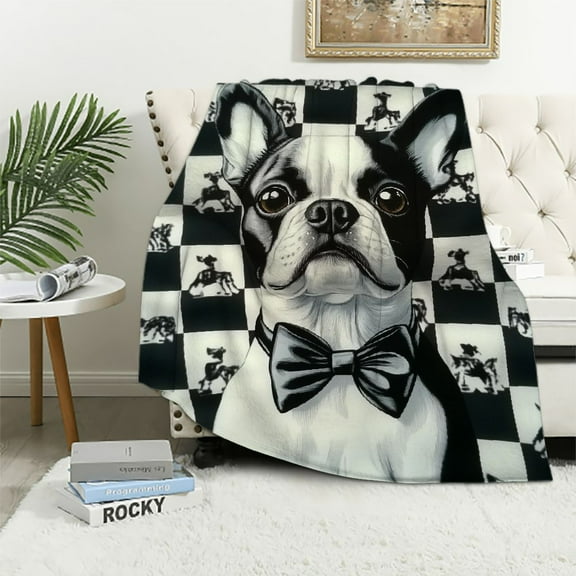 Orinice   Checkered Boston Terrier Blanket for Girls Boys Women Lightweight Boston Terrier Gifts Animal Print Decor Flannel Throw Blanket for Kids Dog Lover Gifts  40x50in