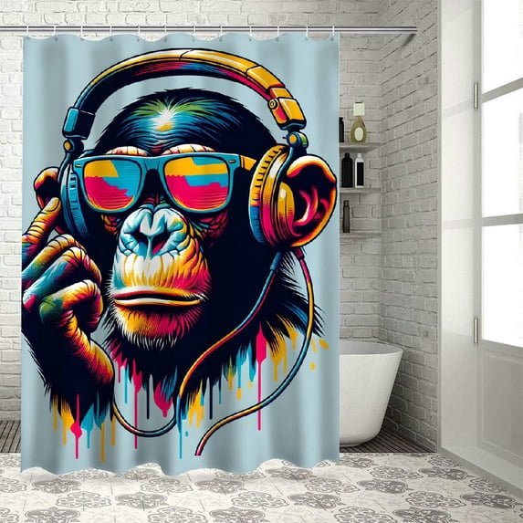 Orinice Chimpanzee with Headphones and Sunglasses Bathroom Decor Set, Colorful Luxury Graphic Print Stylish Shower Curtain Set with Hooks, Home Bath Decoration, Various Sizes