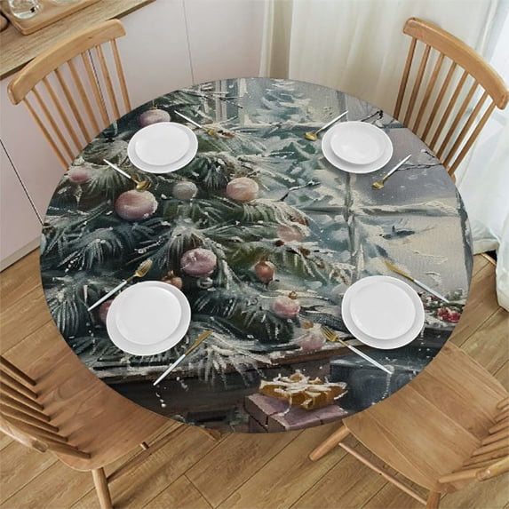 Orinice Christmas Tree Presents Bird Round Table Cover Stain Resistant Washable Indoor Outdoor Tablecloth Kitchen Dining Wedding Parties Cloth 100% Polyester Fiber Festive Decor 38-42