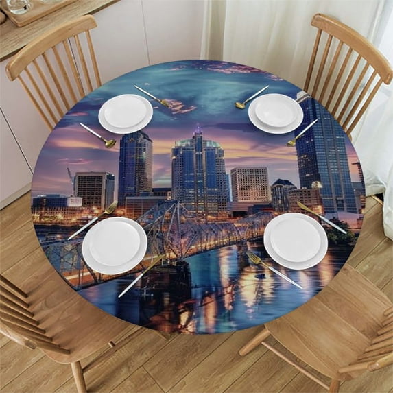 Orinice City Skyline Bridge River Round Table Cover Stain Resistant Washable Indoor Outdoor Tablecloth Kitchen Dining Wedding Parties Outdoor Fitted 100% Polyester Fiber 31-35