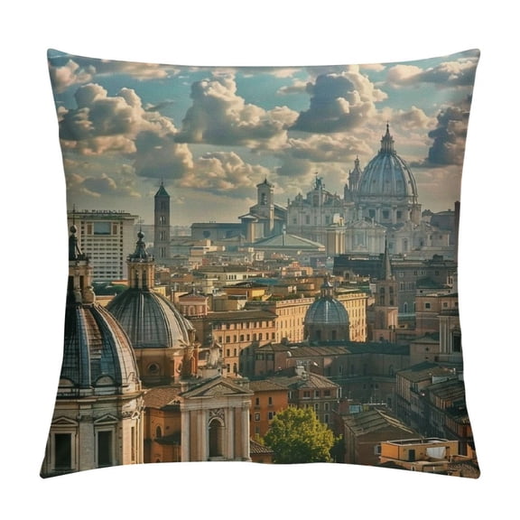 Orinice City Throw Pillow Cushion Cover, View of Rome from Castel Sant'Angelo Italy Historical Landmark Vatican, Decorative Square Accent Pillow Case, Salmon Ivory White