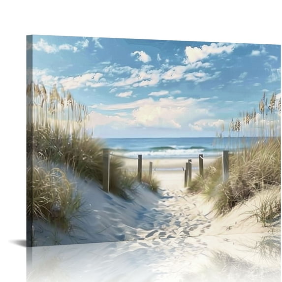 Orinice  Coastal Wall Art Beach Fence Pathway Picture Print on Canvas Seascape Artwork Vintage Rustic Ocean Bathroom Decor   16x12in