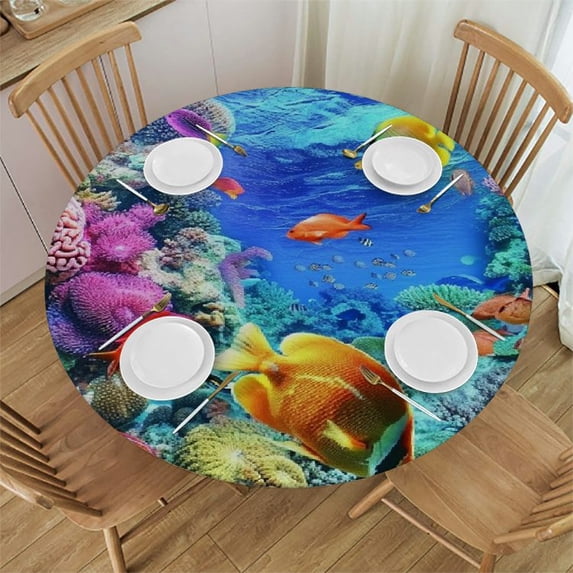 Orinice Colorful Coral Reef Fish Round Table Cover Stain Resistant Washable Indoor Outdoor Tablecloth Kitchen Dining Wedding Parties 100% Polyester Fiber 38-42