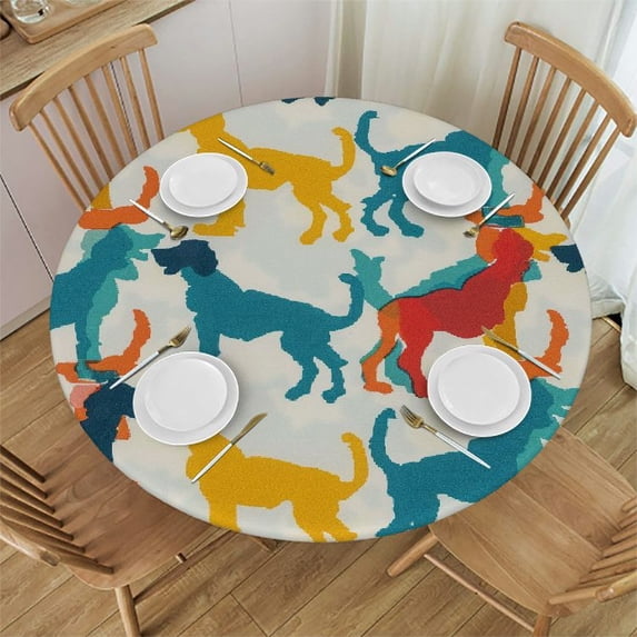 Orinice Colorful Dog Pattern Round Table Cover Stain Resistant Washable Indoor Outdoor Tablecloth Kitchen Dining Wedding Parties Waterproof Fabric 100% Polyester 42-46