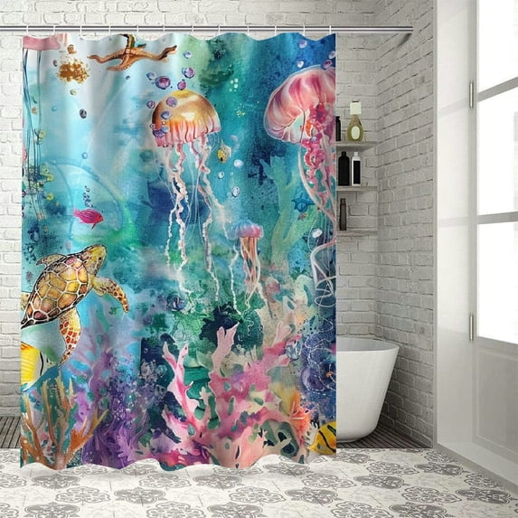 Orinice Colorful Ocean Seaworld Shower Curtain for Bathroom Set, Underwater Marine Life Jellyfish Turtle Octopus Coral Bathtub Curtains Decor, Waterproof Polyester Durable with 12 Hooks,  60x72