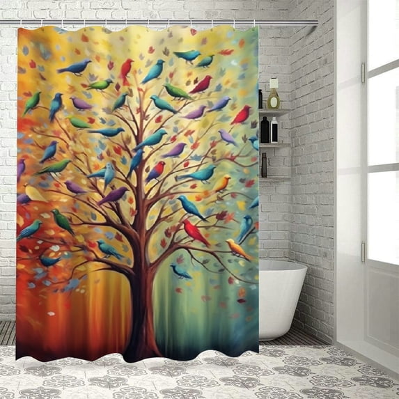Orinice Colorful Tree Birds Shower Curtain for Bathroom Colorful Oil Painting Waterproof Polyester Fabric Bath Curtains with Hooks Bathtub Curtains Set 69x72